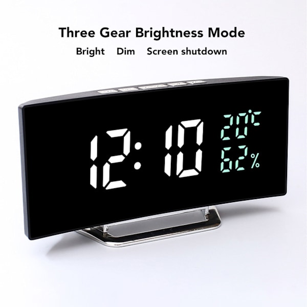 LED Spegel Väckarklocka Böjd Skärm 12 24 Timmar Temperatur Luftfuktighet Visning Snooze Läge Elektrisk Väckarklocka
