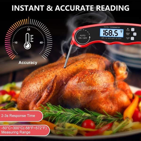 Digital kötttermometer, vikbar sond grilltermometer, hög noggrannhet, med bakgrundsbelyst LCD-display (röd) Red