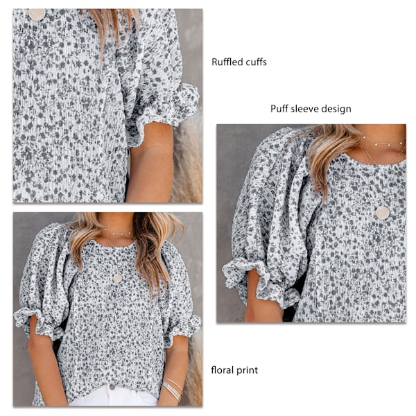 Kvinnors Kortärmad Chiffonblus Sommar Fashionabel Elegant Rundhalslös Lös Kvinnors Blommig Tryckt Chiffon Skjorta Svart XL