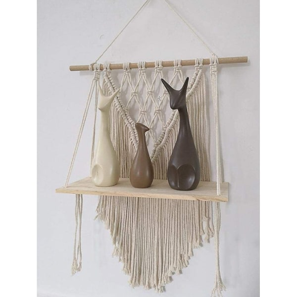 Väggkonst av naturlig bomullsrep, charmig vägghylla i makramé i lantlig stil för boho-hyllor, organizer i matsal, vardagsrum, sovrum, hotell