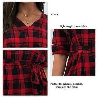 Dame Kjole Ét Stykke V-Hals Lange Ærmer Plaid Print Bindebånd i Taljen til Efterår Vinter