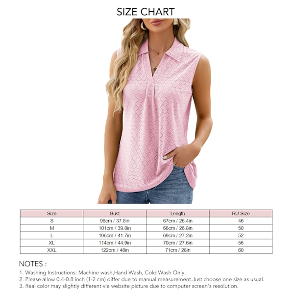 Dam Skjorta med Nedvikt Krage Ärmlös V-ringad Enfärgad Lös Passform Casual Tank Top för Vardagsbruk Rosa L