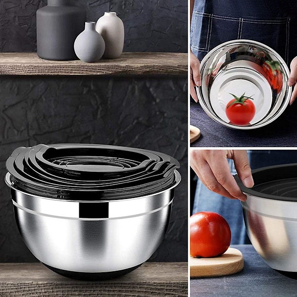Gourmet Prep: Stapelbara Blandskålar, Konstruktion i Rostfritt Stål, Lufttäta Lock För Fräschör, Halkfri Bas, Utrymmesbesparande Design För Effektivitet