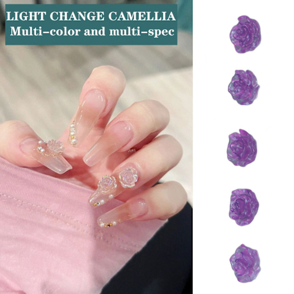 10 Påsar 3D Kameliaformade Nageldekor DIY Harts Utsökt Ljusförändrande Nageldekor för Kvinnor Lila