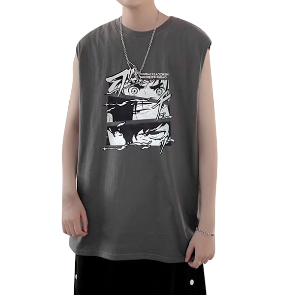 Mænd Tanktop Smuk Print Ærmeløs Løstsiddende Vest Skåret Skjorte til Hjemmetræning Grå XL