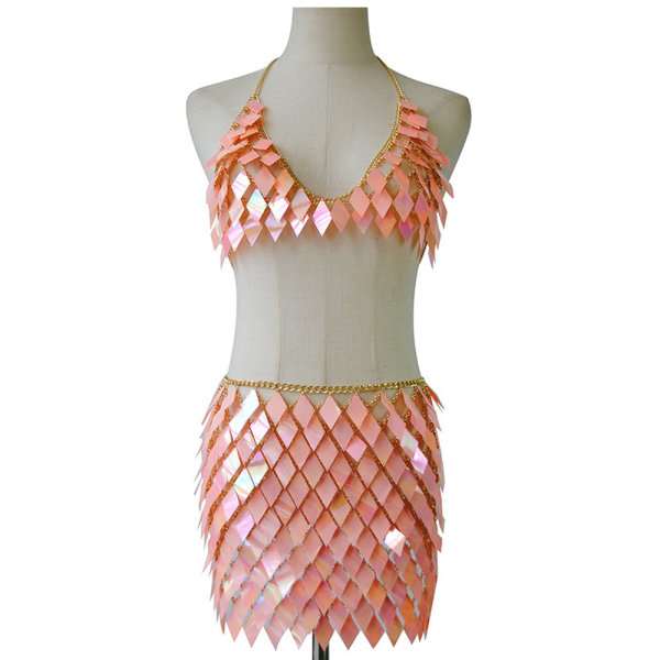 Paljetter Tofsar Body Chain Outfits BH Kjol Bikini Rave Festiva Peach