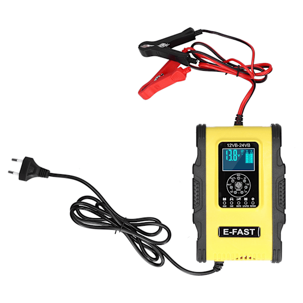 Intelligent Batterilader 12V/12A 24V/6A 7-trins Opladningspuls Reparation til Bil Båd Gul Sort EU Stik 100‑240V