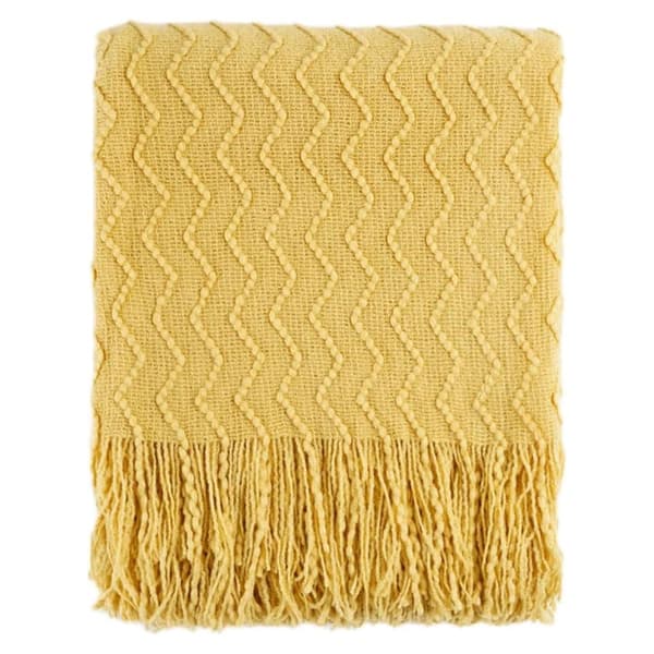Pledd Teksturert Solid Myk Sofa Dekorativt Strikket Pledd, 127 x 152 cm yellow