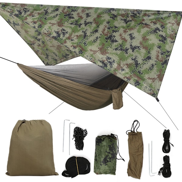 Utomhus trädgård innergård bärbar myggnät hängande hammock set för resor camping (Markspikpåsens färg är slumpmässig) (Kamouflage Baldakin Militär