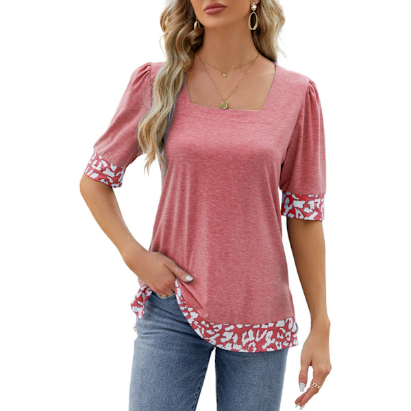 Dam Tryckskarvning Färgblock Blus Puff Kort Ärm Sidsöm Split Mjuk Andningsbar Trendig Pullover Blus Rosa XL