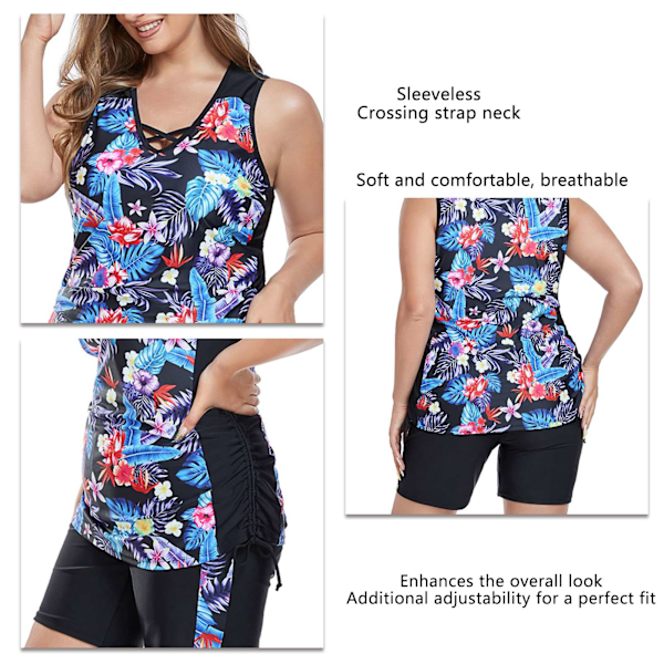 Dam Tvådelad Baddräkt Blommönstrad Sidodragsko Korsande Band Nacke Ärmlös Sommar Baddräkt med Shorts Svart 3XL