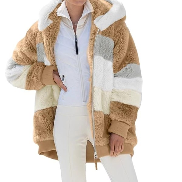 Vinter ulden fleecejakke til kvinder med hætte, farveblokeret patchwork