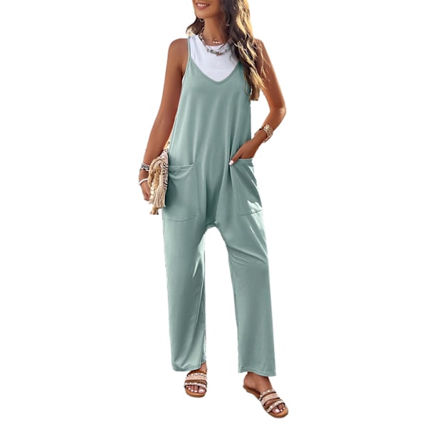 Dam Spaghetti Strap Jumpsuit Lös Passform Casual V-ringad Vida Ben Ärmlös Overall med Fickor Grön Böna L