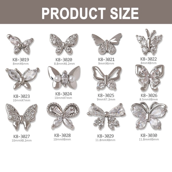 3D Sølv Butterfly Nail Charms, 12 stk Legeret Butterfly Nail Art
