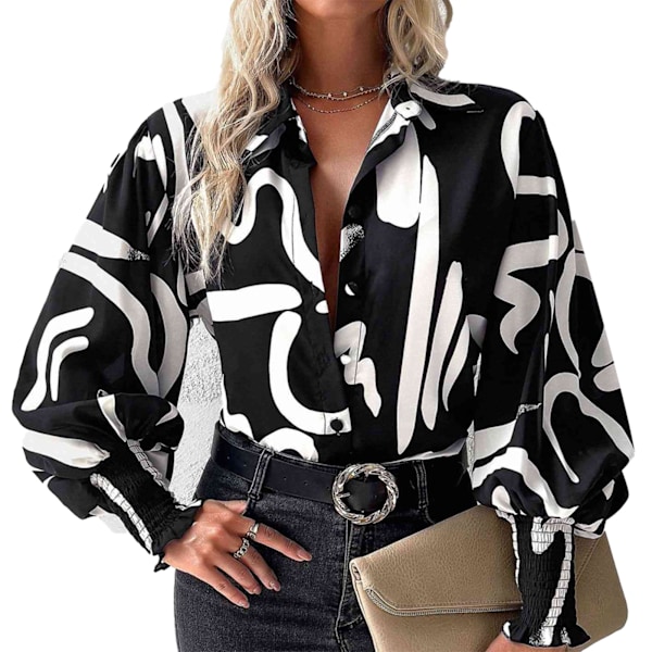 Dam Shirred Tryckt Blus Lykta Ärm Tryckt Skjorta Nedvikt Krage Knäppning Långärmad Mode Casual Blus Svart med Vit Blomma L