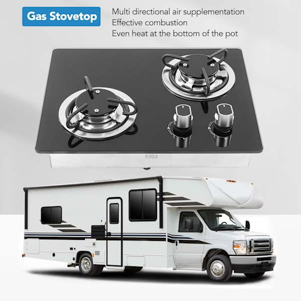 RV Gaskök 2 Brännare 1.8Kw Effekt Härdat Glaspanel Lätt att Rengöra Gaskök för Båt Husvagn Husbil