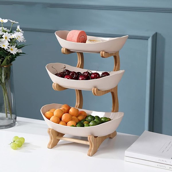Elegant utseende, platsbesparande design porslinsfruktskål för grönsaksförvaring, hållbart porslin bambuträställ avtagbar serveringsbricka,