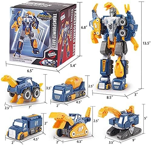 Transformerende Robotter til Børn 3-7, Magnetisk Legetøjssæt Inklusive Bulldozer og Gravemaskine, der Transformerer til Dinosaur eller Robot, Nem Snap Samling