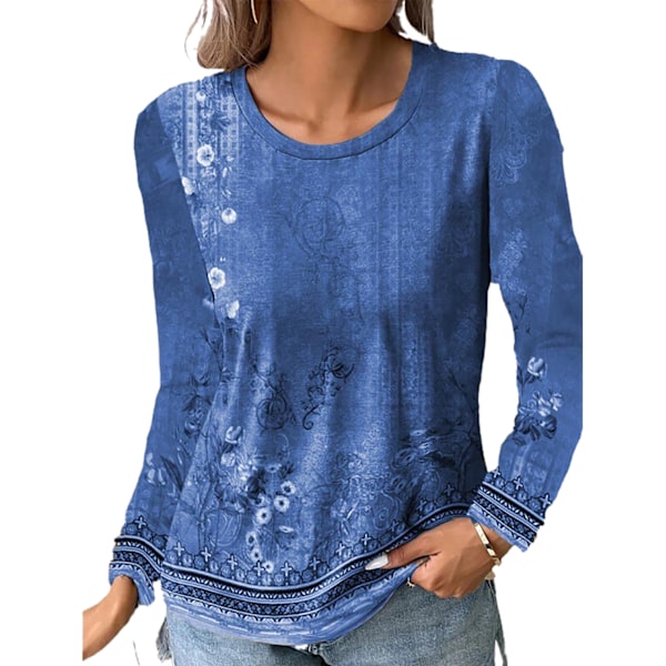 Rundhalsad Blommig Blus Långärmad Trendig Casual Figursydd Blommig Tryckt Blus för Kvinnor Blå S