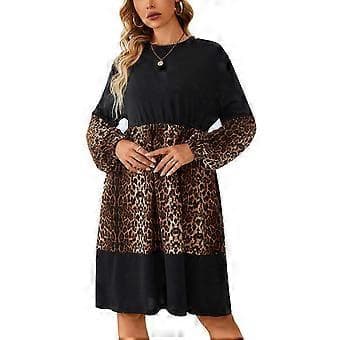 Damklänning Rund Hals Hög Midja Lykta Lång Ärm Leopardtryck Casual Klänning för Dam