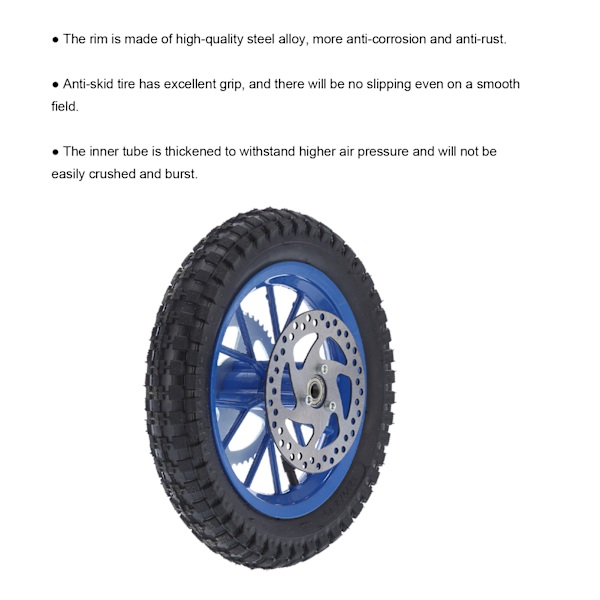 12.5x2.75 tommer Mini Cykel Baghjul AntiSkid Gummi Stål Legering til 47cc 49cc 2 Takts Dirt Bike (Blå)