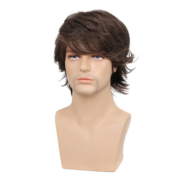 Kort parykk for menn med lange smell, justerbar, brun, myk, simulerende syntetisk rett hår for cosplay