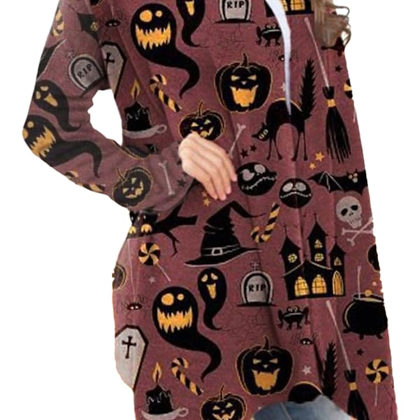 Dam Halloween Öppen Framtopp Tryck Långärmad Lös Passform Elegant Vardaglig Ytterkläder Typ 6 M