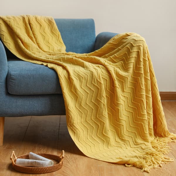 Pledd Teksturert Solid Myk Sofa Dekorativt Strikket Pledd, 127 x 152 cm yellow