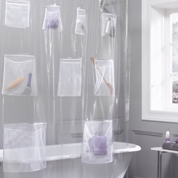 Vattenavvisande Duschdraperi i Tyg, Slitstark PEVA, 9 Förvaringsfickor i Mesh, Lättskött, Klar Design För Badrum Och Duschutrymmen