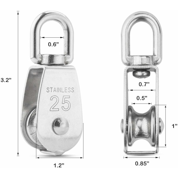 3 stk. 304 rustfrit stål M25 enkelt blok drejelig remskive remskive belastning 400 kg - sølv (3 stk.)