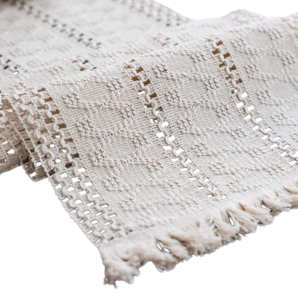 Boho bordløber i bomulds-polyesterblanding, macramé-stil med kvaster, maskinvaskbar, smudsafvisende, til køkken spisebord, rektangulær