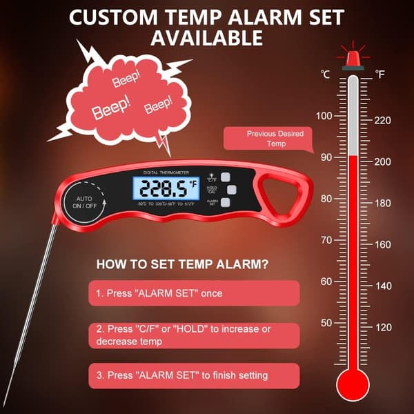 Digitalt kødtermometer, foldbart grilltermometer med sonde, høj nøjagtighed, med baggrundsbelyst LCD-display (rød) Red