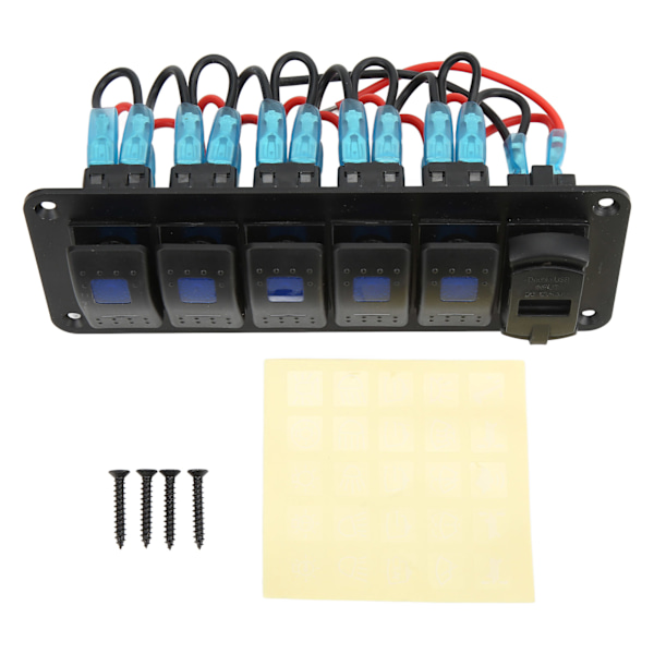 5-paikkainen kallistuskytkimen paneeli vedenkestävällä kaksois-USB-laturilla ja volttimittarilla, sininen taustavalaistu LED autoille, asuntoautoille, jahdeille ja veneille