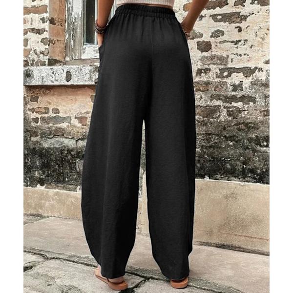 Dame Wide Leg Bukser Elastisk Talje Ren Farve Dame Casual Bukser med Lommer til Daglig Arbejde Shopping Sort XXL