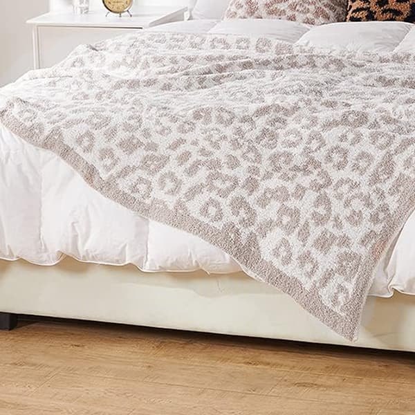 Halv fløyelsullteppe strikket leopardmønstret teppe for barn fleecefôret strikket teppe barfot leopardmønstret teppe drømmeteppe