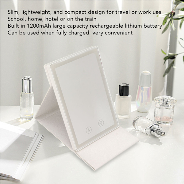 Rejse Spejl med Lys Bluetooth Højttaler LED 3 Farver Dæmpbar Bordmodel Foldbar Hvid