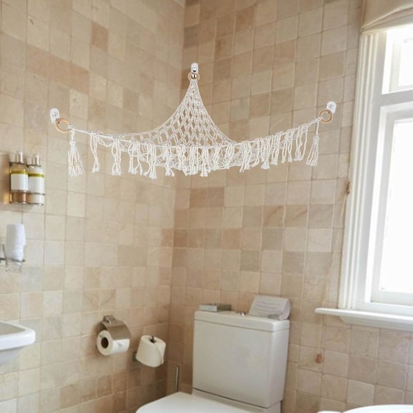 Leksakshängmatta för förvaring av gosedjur, hängande nät av bomullsrep med bohemiska fransar, platsbesparande design för barnrum, lekrum, stor