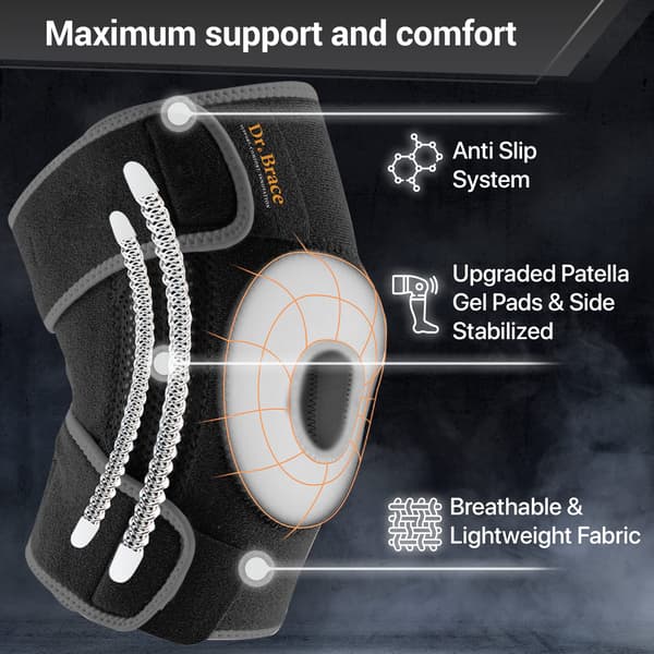 Kneestøtte med sidestabilisatorer og patellagelputer for maksimal