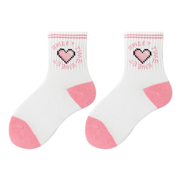 5 Par Barn Crew Strumpor Hjärtmönster Mjuk Bomull Barnstrumpor för Höst Vinter Rosa Stil XL (9‑12 År)