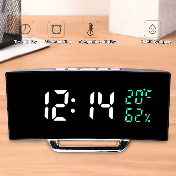 LED Spegel Väckarklocka Böjd Skärm 12 24 Timmar Temperatur Luftfuktighet Visning Snooze Läge Elektrisk Väckarklocka