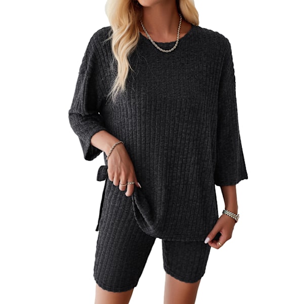 Dam 2-dels set 3/4 Ärm Ribbstickad Rund Hals Oversized Casual T-shirt Shorts Set Mörkgrå M