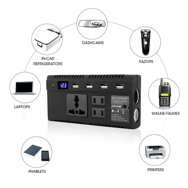 12V24V til 220V Inverter Smart Stikkonverter DC 150W til Stor/Lille Bil Modificeret Sinus Bølge