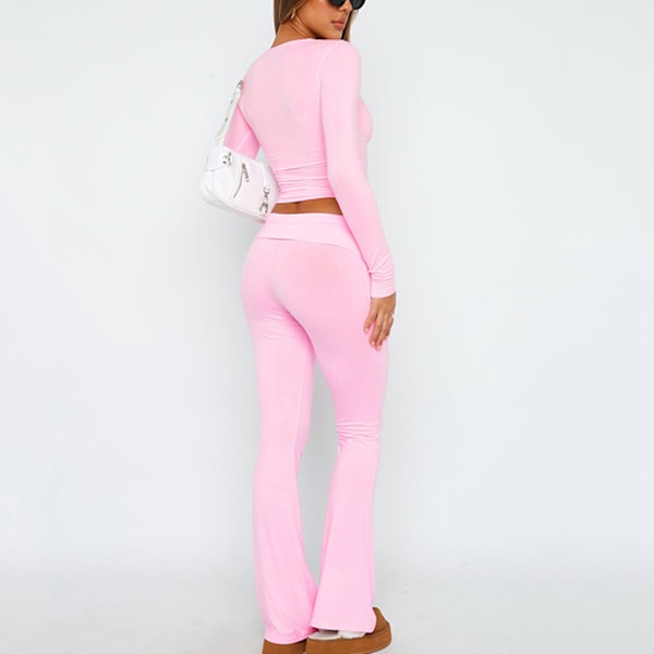 Dam Enfärgad Utsvängd Byxa Butt Lifter Stilren Slim Fit Bell Bottom Byxor för Daglig Fritid Rosa M