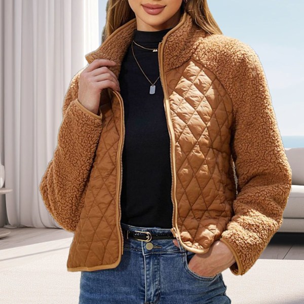 Dam Långärmad Jacka med Hel Dragkedja Enfärgad Plysch Patchwork Kort Kappa för Hem Vardagsliv Ljusbrun M