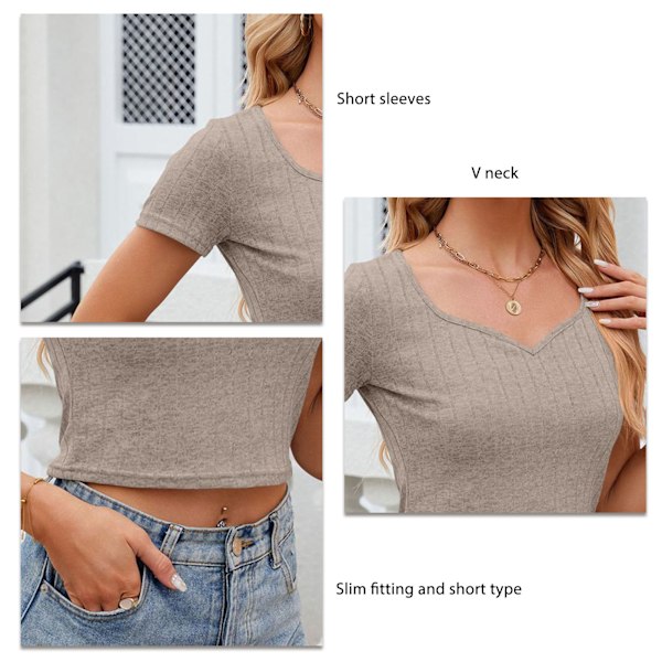 Dam V-ringad T-shirt Kortärmad Linje Jacquard Casual Slim Fit Kort Blus för Sommar Khaki XL