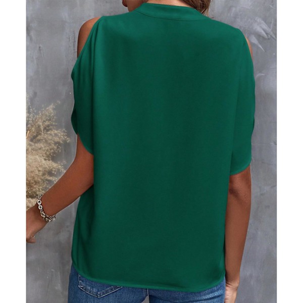 Dam Cold Shoulder Blus V-ringning Enfärgad Ledig Elegant Kortärmad Sommarblus Mörkgrön XL