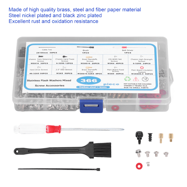366 osan tietokoneen ruuvisetti emolevyn eristimien ruuveilla ja ruuvimeisseliharjalla