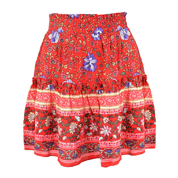 Kvinners Ruffled Hem Skjørt Blomstertrykt Elastisk Etnisk Kort Skjørt For Sommer Vår Høst Rød L