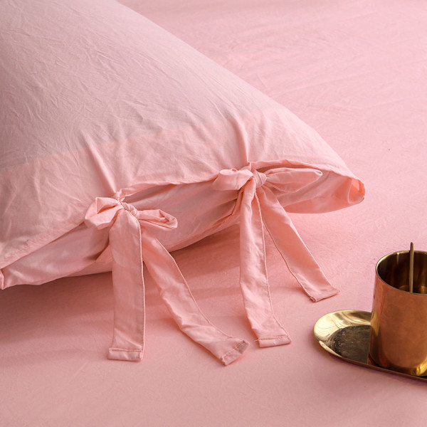 Solid Ties Tvättad Bomullsduvet Överdrag Kuddfodral Sängkläder Set Rosa (#3)