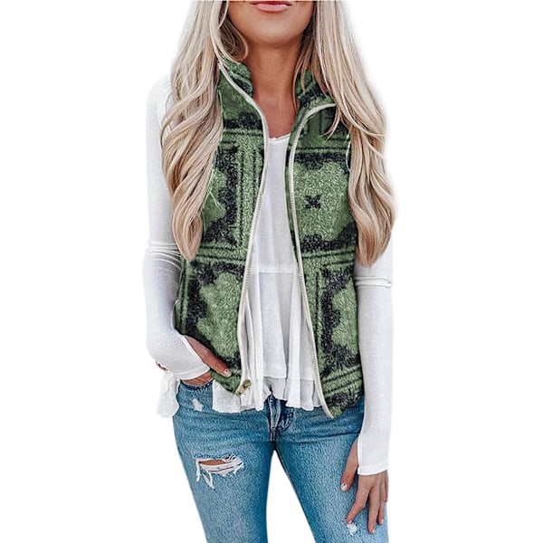 Tie Dye Fleece Väst Ärmlös med Dragkedja Etniskt Mönster Tryck Väst Ytterkläder Varm Mjuk Fleece Väst Etnisk Grön L